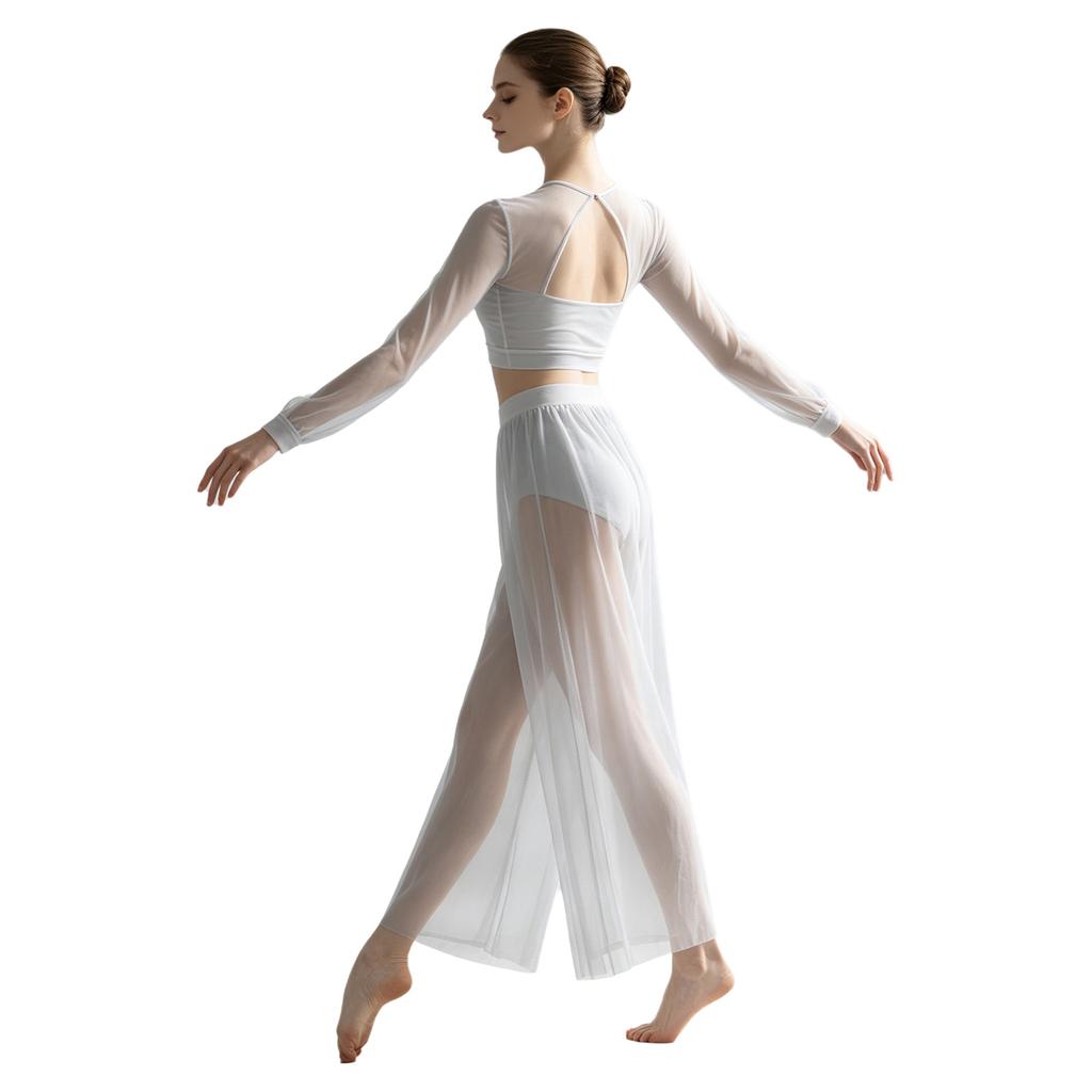 Damen Lyrical Dance Outfits Laternenärmel Rückenfreies Crop Top Eingearbeiteter Slip Netzhose Fließende Tanzbekleidung