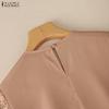 ZANZEA Damen Freizeit Rundhals Locker 3/4 Ärmel Spitze Patchwork Kleid