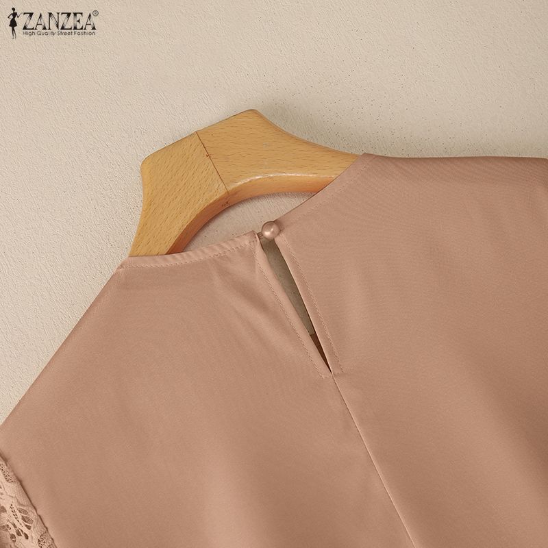 ZANZEA Damen Freizeit Rundhals Locker 3/4 Ärmel Spitze Patchwork Kleid