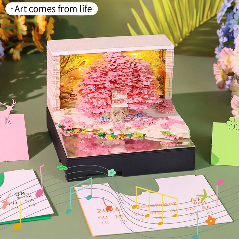 Music Time Piece Calendar 2026 Desk Calendar With Led Light 3D Tear-Away Calendar Paper Carving Art Memo Pad Notepad Christmas