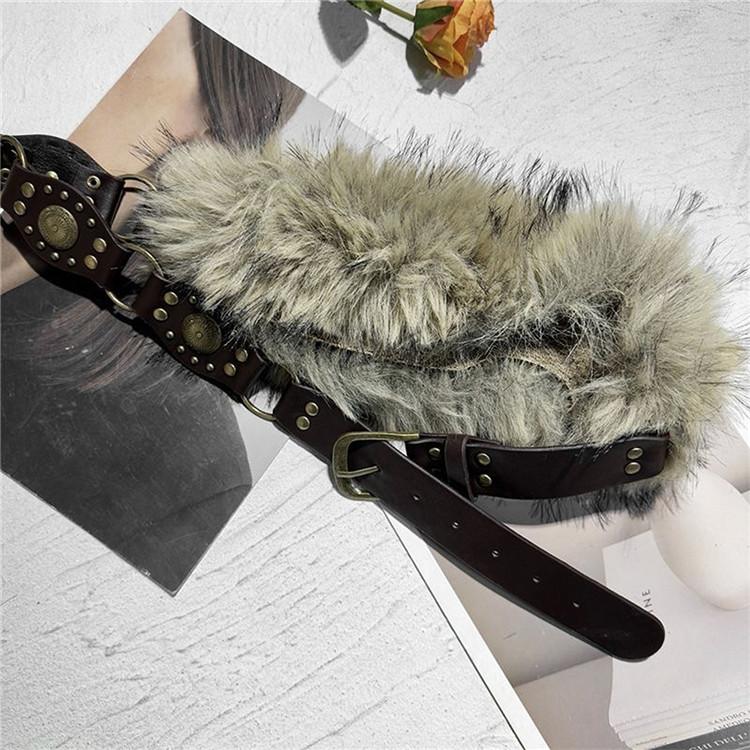 Faux Fur PU Leather Belt Women s Versatile Belted Midi Skirt Y2K Fuzzy Retro Subculture Nomadic Style Rivet Detail Skirt Belt кофейный