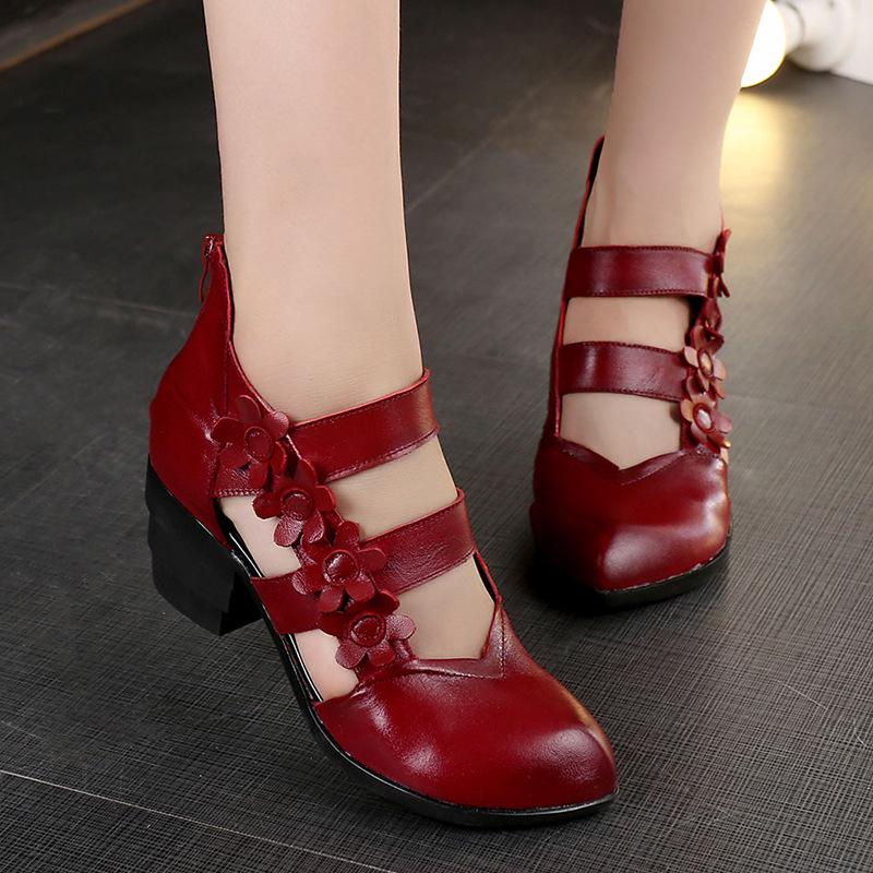 Comemore Genuine Leather Chunky-Heel Women's Sandals Flower High Heels Luxury Summer Sandal for Women 2025 High-heeled Shoes Red