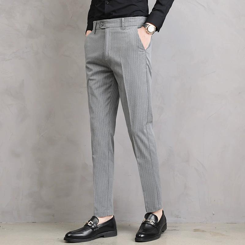 Spring and Summer Striped Men's Casual Pants Korean Version Slim Fit Small Straight Leg Western-style Pants Fashionable Elastic Long Pants for Men