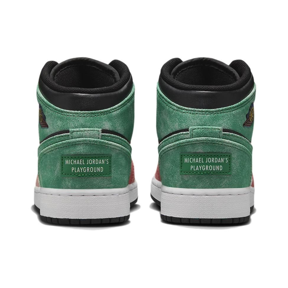 Air Jordan 1 Mid SE GS MJs Playground Kids Sneakers Black Pine-Green Dune-Red FQ1292-003