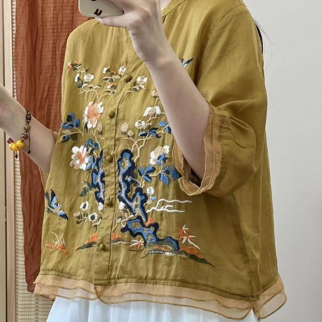 High-end Cotton and Linen Tops Female Summer New Embroidered Cardigan Shirt New Chinese Style Patchwork Bag Buckle Shirt