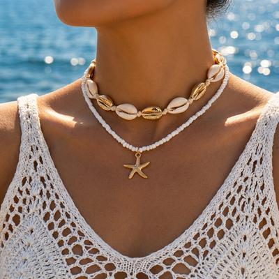 Bohemian Double Layered Rice Beads Starfish Pendant Necklaces for Women Handmade Braided Shell Necklaces Beach Party Jewelry