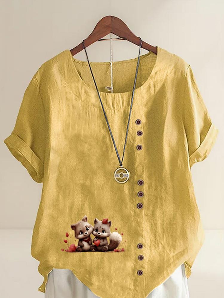 Women's Fashion Couple Bear Print Round Neck Short Sleeve T-shirt Summer Casual Cotton Linen Graphic Shirt Leisure Loose Blouse Tops