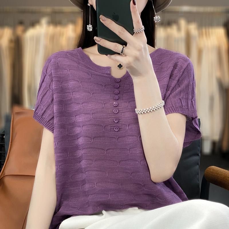 Summer Women T-shirt Loose Casual Solid Color Ice Silk Short Sleeve Loose Knit Top