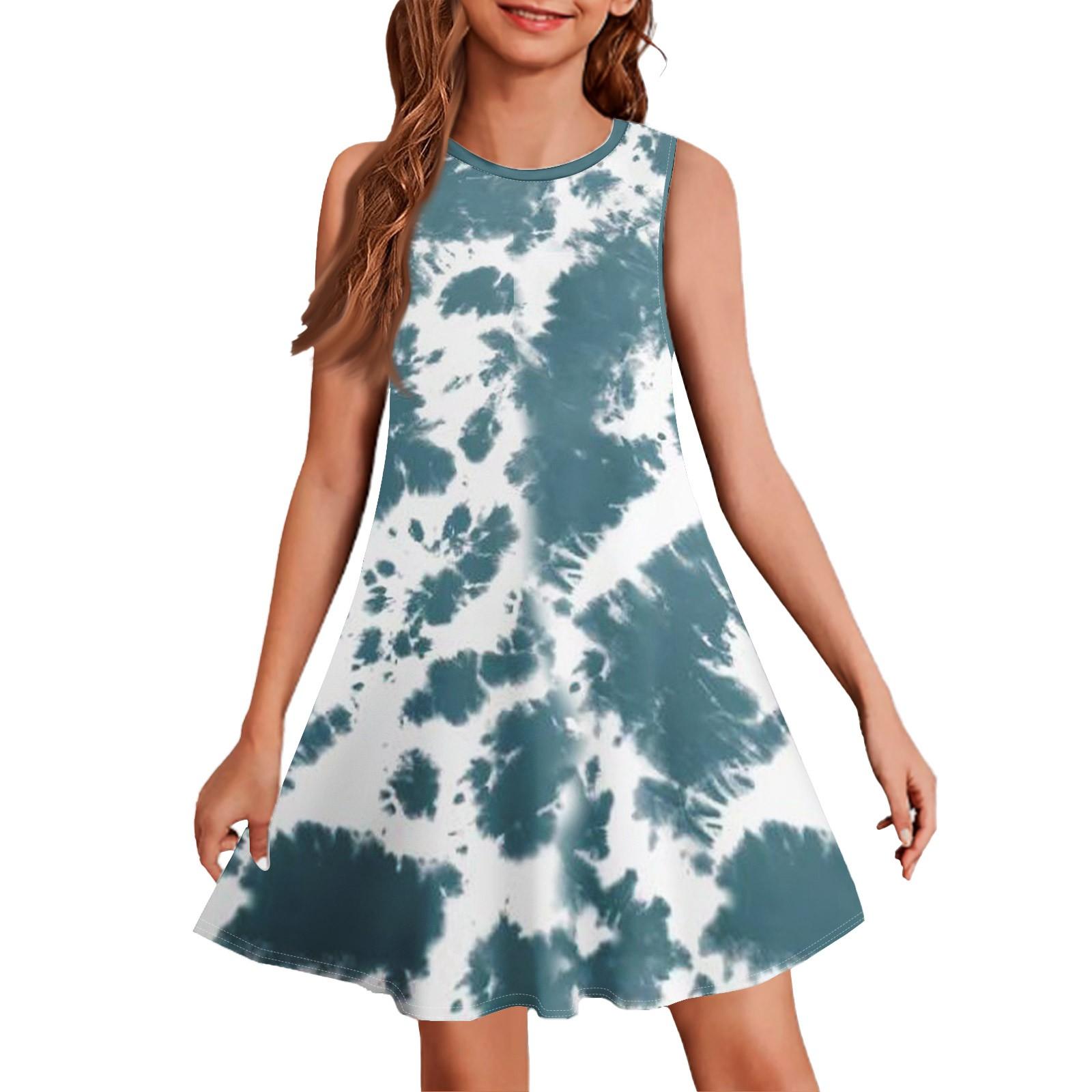 Girls Sleeveless Dress Geometric Floral Print Casual A-Line Dress Summer Tank Dress Lightweight Comfortable Fabric 160
