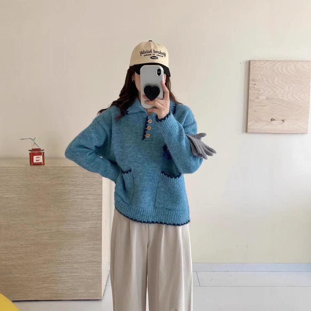 Korean Chic Soft Polo Collar Contrast Double Pocket Sweater for Women