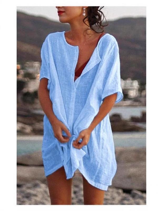 Damemote mellomlang løs ensfarget kortermet skjorte Uformelle topper