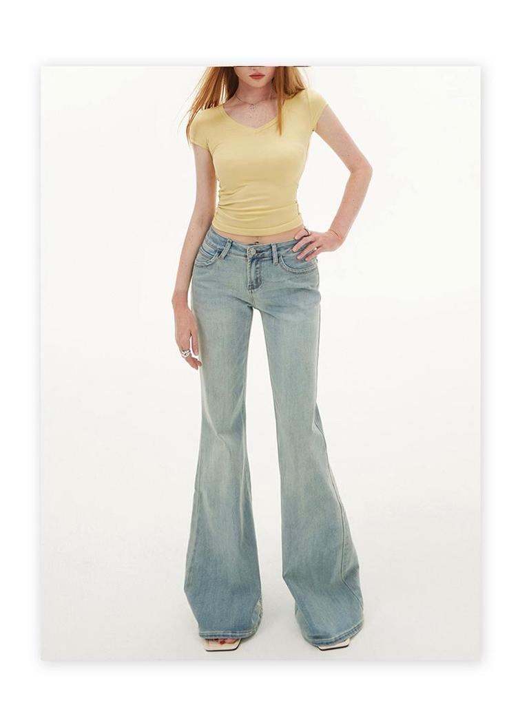 Women's Light Blue Micro-Flared Low-Waist Jeans: New for Spring & Autumn 2025, Slim Fit, Elastic, Spicy Girl Style