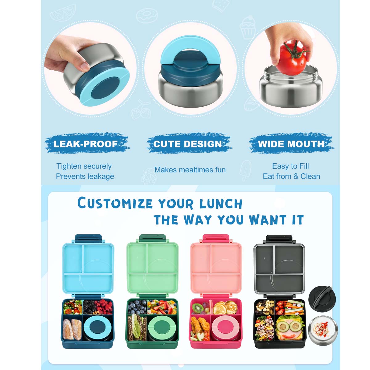 Bento box, contenitore termico per alimenti, lunch box per bambini, forno a microonde, lavastoviglie, uso sicuro per contenitori di alimenti caldi e f