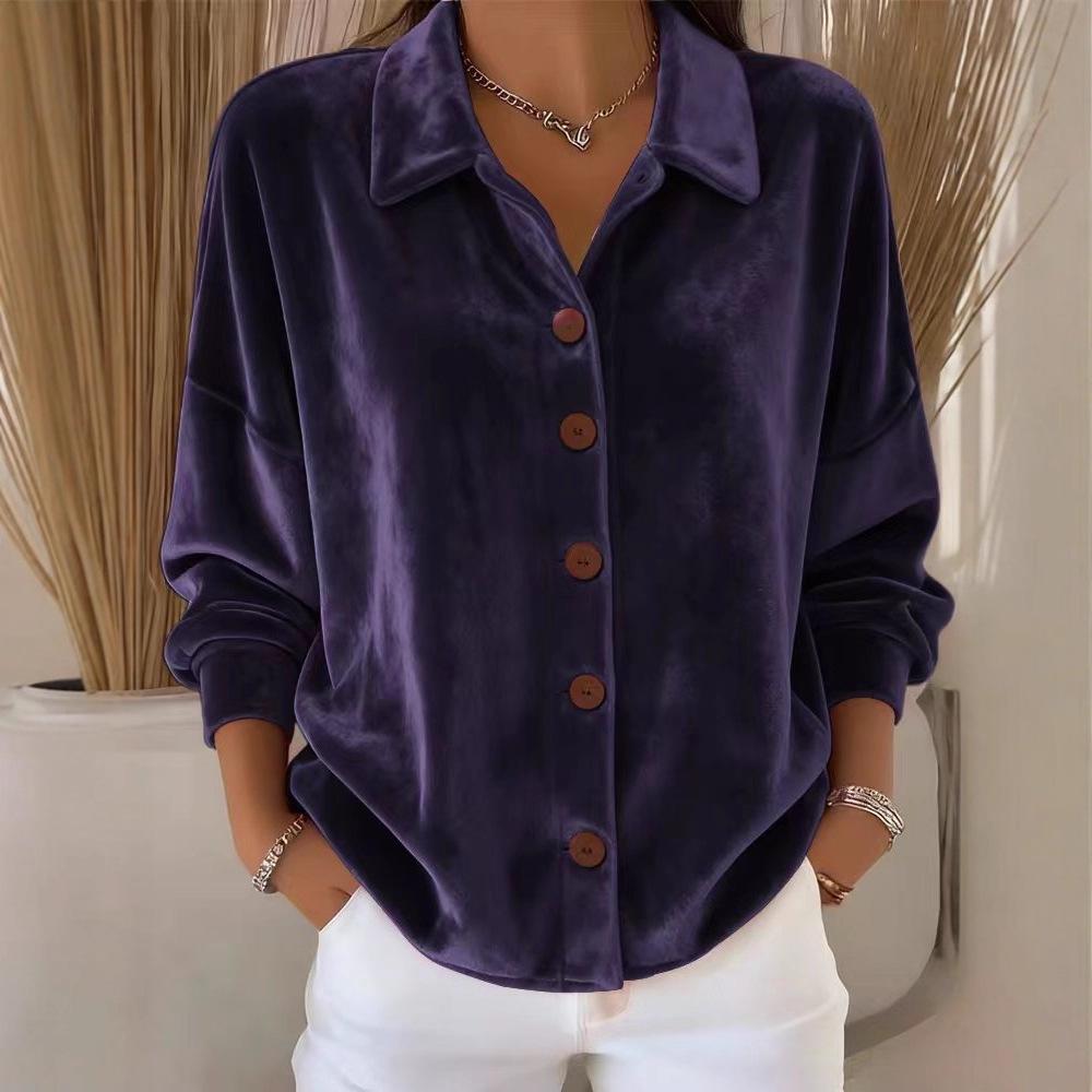 Women's Long-Sleeve Gold Velvet Cardigan with Shirt Collar
