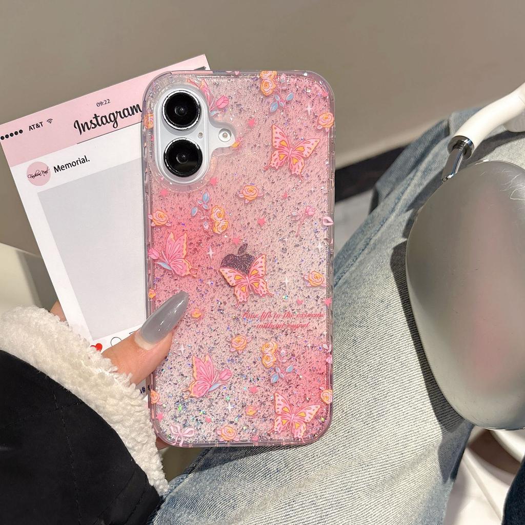 Pink Flower Butterfly for Apple 16 Mobile Phone Case iPhone17promax Transparent Glitter IMD Case 15/14