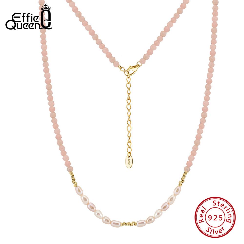 EFFIE QUEEN 925 Sterling Silver 14K Gold Choker Necklace Natural Freshwater Pearl With Pink Opal Natural Stone Series Gift MPN05