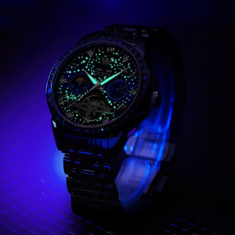 OLEVS Automatic Mechanical Skeleton Diamond Starry Sky Waterproof Date Luminous Watch for Men Stainless Steel Stylish Brand Blue