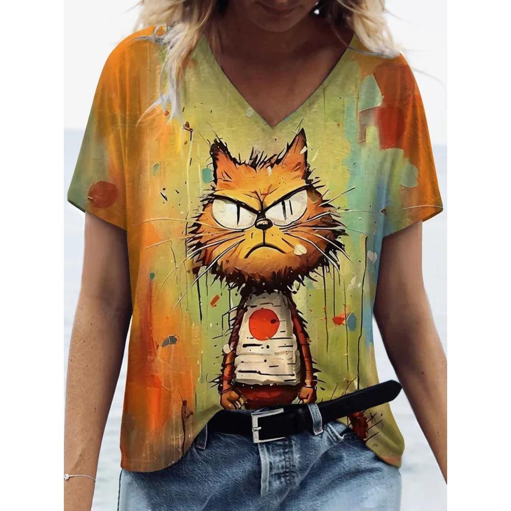 Summer V-neck Funny Cat Pattern 3D Printed Top Fashionable Casual Short Sleeved Women's T-shirts