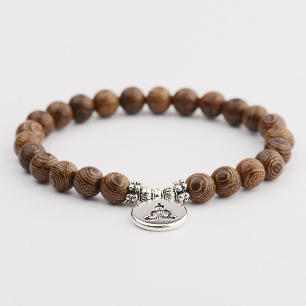Natural Wood Beads Bracelet Women Men Yoga Meditation Prayer Om Pendant Wooden Jewelry Classic Sliver
