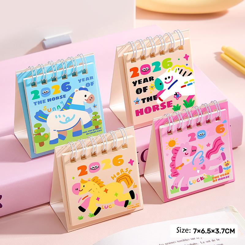 4 Stück Niedliches Pferd 2026 Kalender Tischkalender Ornament Cartoon Kawaii Planer Agenda Täglich Monatlich Schreibwaren Bürobedarf