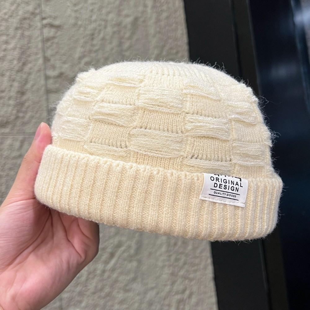 Thick Knitted Beanie Cap Solid Color Cuff Trawler Hat Retro Docker Cap