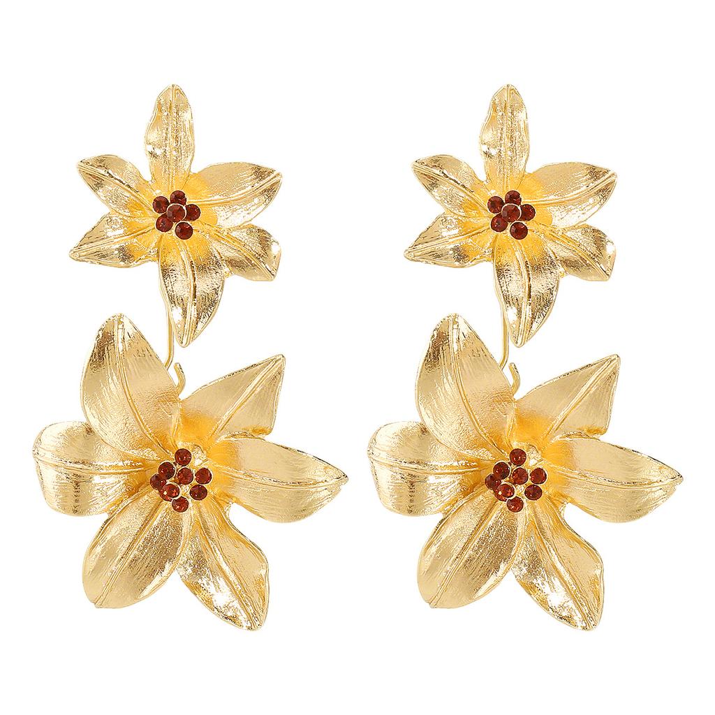 Bohemian Double Layer Metal Large Flowers Stud Earrings for Women Exaggerated Fashion Gold Silver Color Dangle Earrings Jewelry