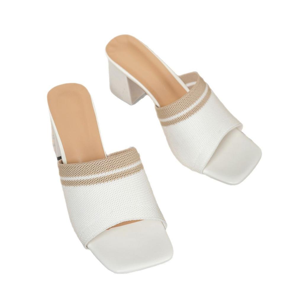 New women's shoes fashion one-word thick heel knitted wool high heel square head cool slippers