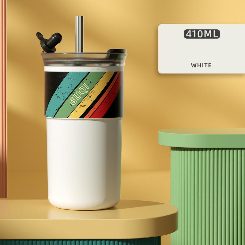 Ceramic Coffee Mug With Straw Thermos Cups 410ml Capacity Light Portable Water Cup Insulated Tumbler Vaccum Flask Drinkware