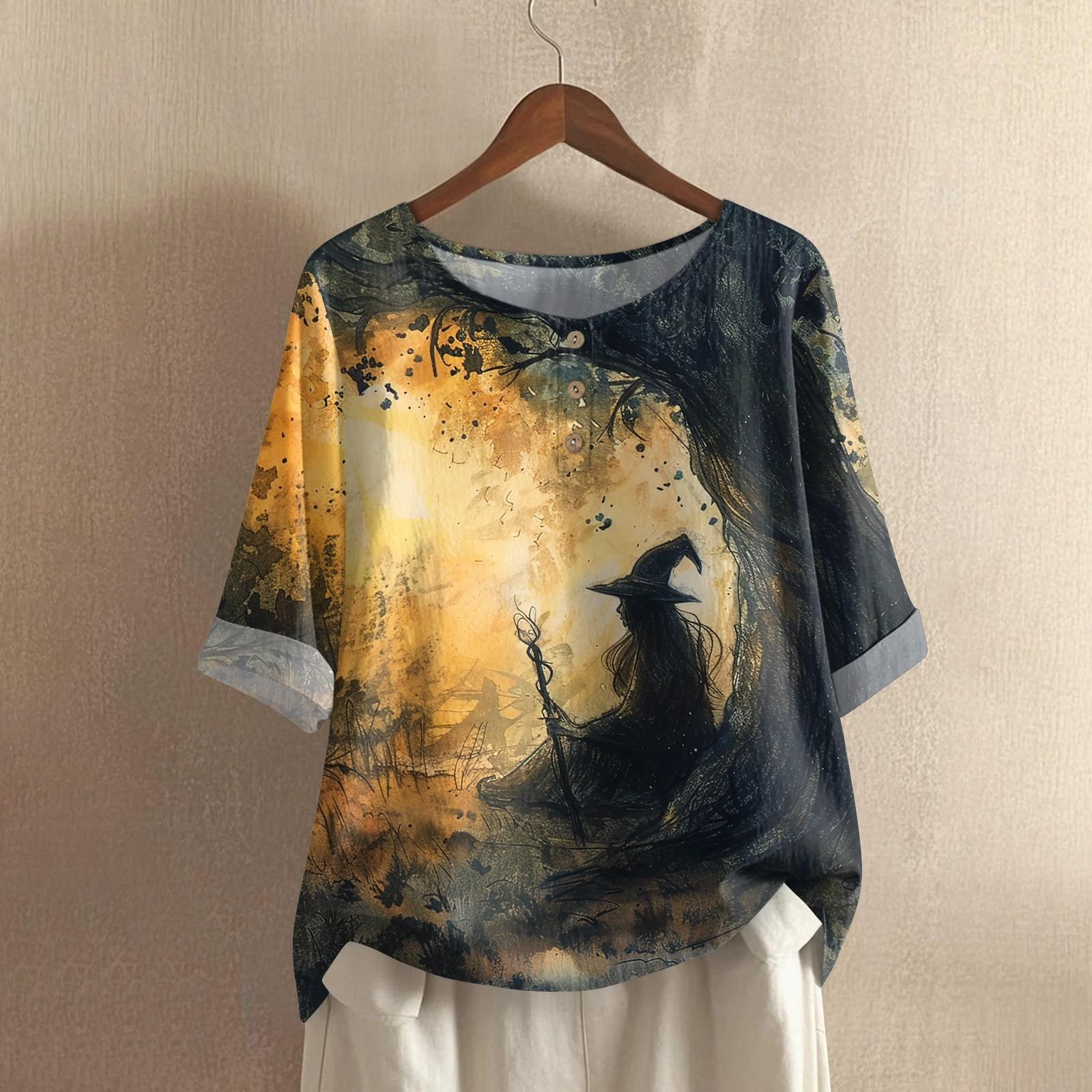 

Женская модная и повседневная рубашка с полурукавом, круглым вырезом, принтом, из хлопка и льна, блузка-топ L жёлтый