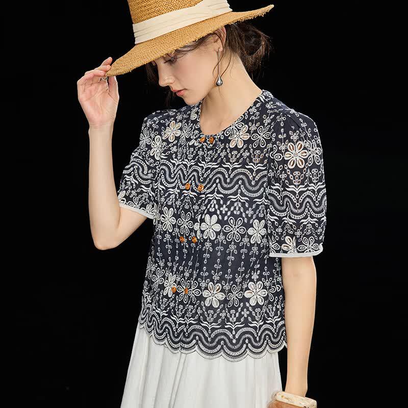 Wudao French Retro Embroidered Cotton Blouse