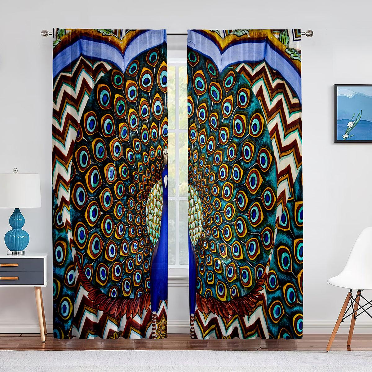 

Retro Peacock Oil Painting Sheer Voile Curtains ideal for Living Area Bed Chamber Kitchen Room Decor Modern Transparent Tulle Window Curtains (W50H130cm)-2pcs&Hook