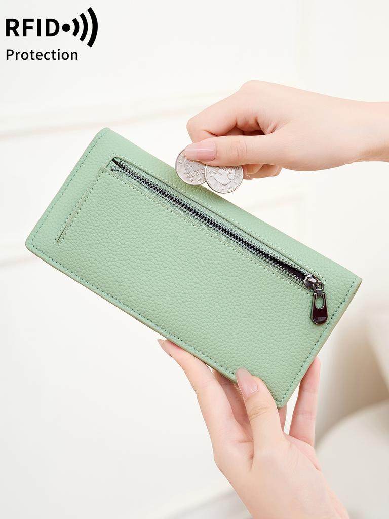 Portefeuille Minimaliste Ultra-fin pour Femme Blocage RFID Porte-cartes de Crédit Pliage Bifold Long Portefeuille pour Femme Couleur Unie Pochette Portable