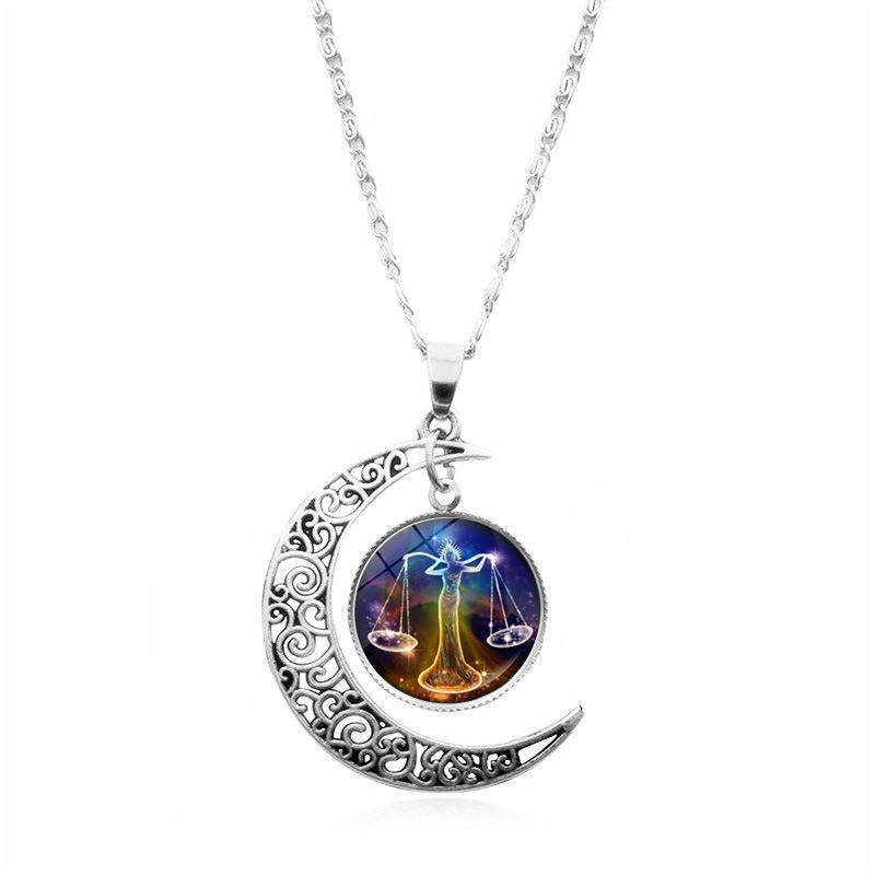 Zodiac Moon Gemstone Necklace For Women Versatile Pendant Jewelry Sweater Chain Birthday Gift