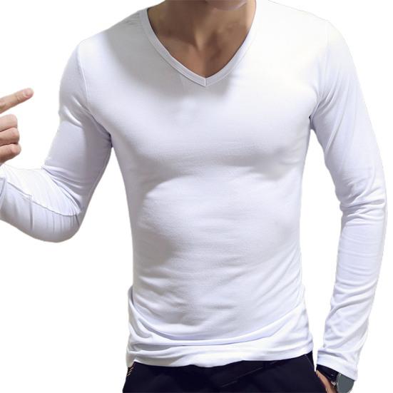Men Shirt Solid Color Pullover Casual V Neck Long Sleeve Slim Autumn Base Shirt for Daily Wear