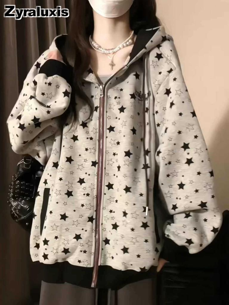 Street Style Star Printed Hoodie Sweatshirt for Women Spring New Loose College Style Zipper Open Cardigan Top