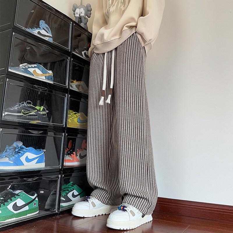Men's American Retro Coffee Brown Striped Sweatpants - Straight Leg, Loose Fit, Heavyweight, Drapey Wide Leg for Spring/Autumn