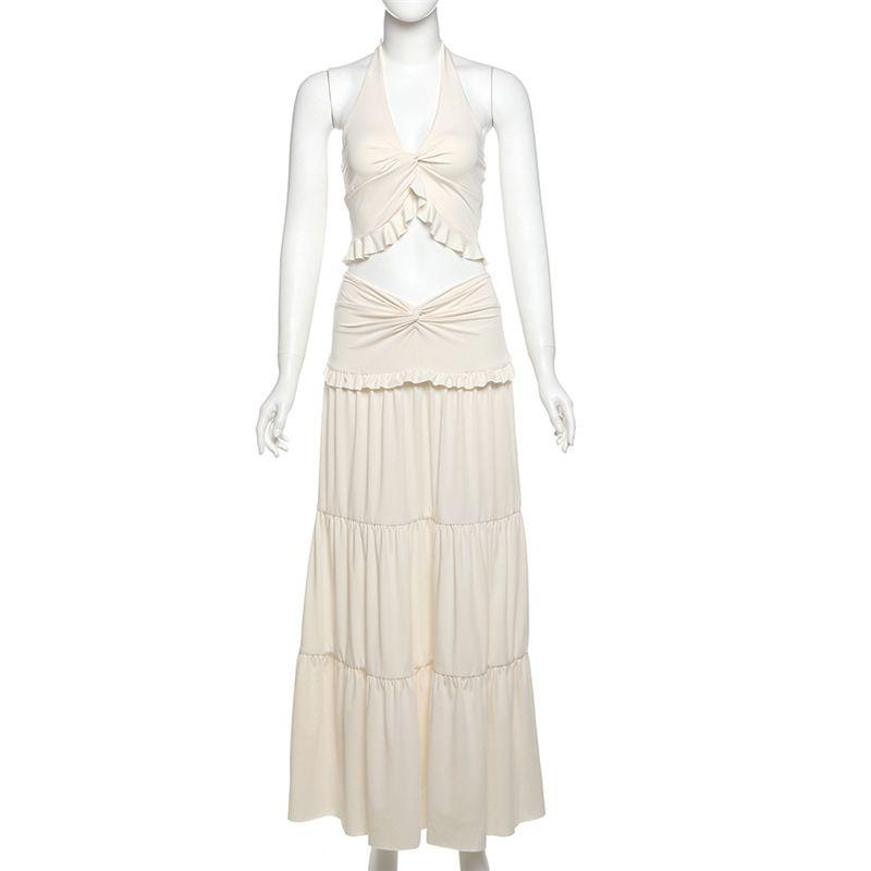 

Западный стиль Инс Новый Подвесной на шею V-образный вырез Без спинки На шнуровке Жилет Сексуальный Плиссированный Юбка с высокой талией Платье Наряд Женщины Beige White S