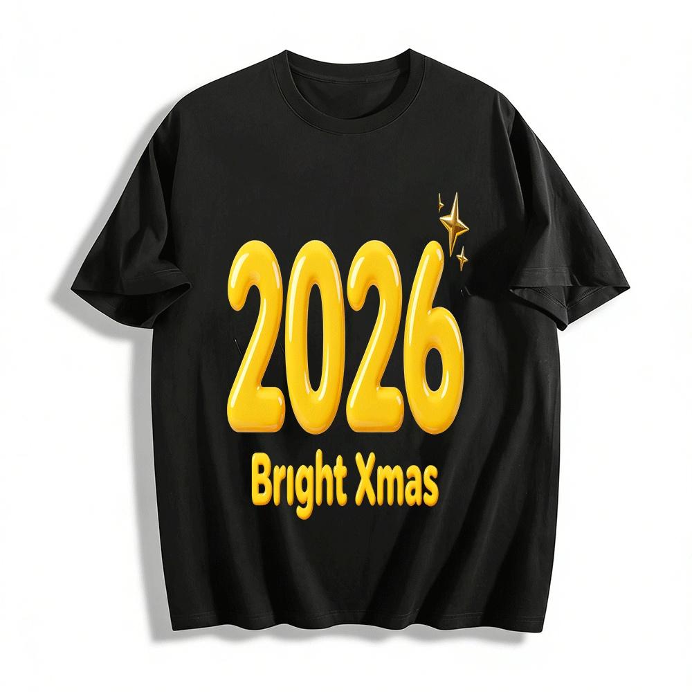 

2026 Bright Xmas Printed Casual Holiday Themed Long Sleeve Top Pure cotton T-shirt XXS