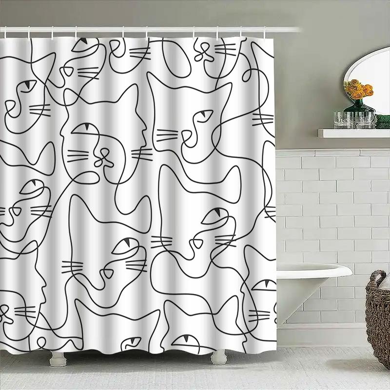 Black Line Cat Shower Curtain Waterproof Bathroom Decoration Modern Print 180X243Cm