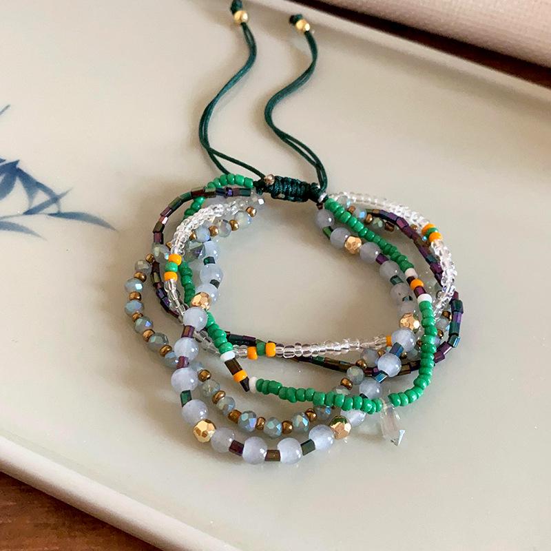 

Elegant Chinese Multilayer Crystal Rice Bead Bracelet - Ethnic Style, Versatile Jewelry for Women