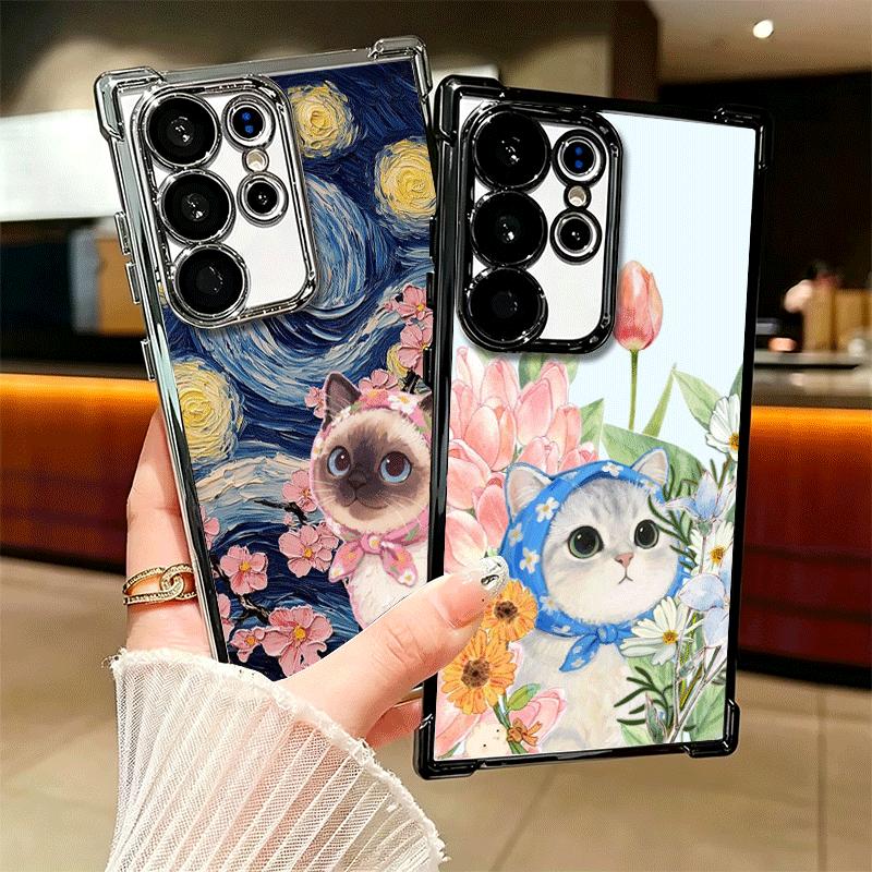 Cute Floral Headscarf Kitten Plating Phone Case For Samsung Galaxy S24 S25 FE S26 Edge S23 Ultra S22 S21 Plus S20 Anti-Fall Aira