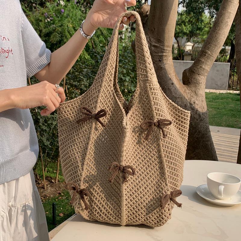 New Khaki Bow Vintage Knit Bag High Quality Woven Bag Large Capacity Daily Wear Shoulder Bag Ladies Hand Bags