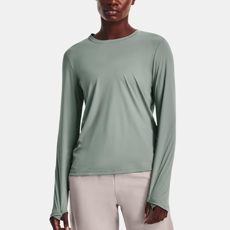 Under Armour Solid Color Crew Neck Pullover Training Long Sleeve T-Shirt Women Tops Slate-Green 1374535-781