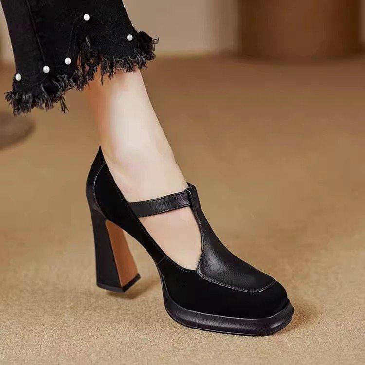 High Heels Women's 2025 Spring and Autumn New Retro T-button Square Head Mary Jane Shoes Waterproof Table Thick Heel Single Shoes Women