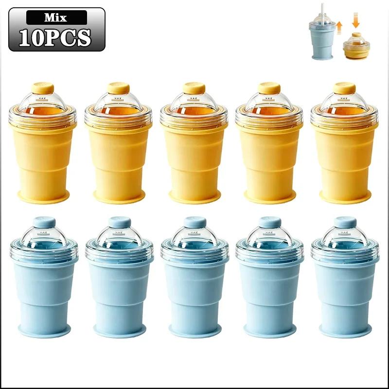 Silicone Folding Straw Cup with Ice Cube Mold Summer Collapsible Travel Cup Bottle Built-in Ice Ball Mold 2in1 Portable Amagi