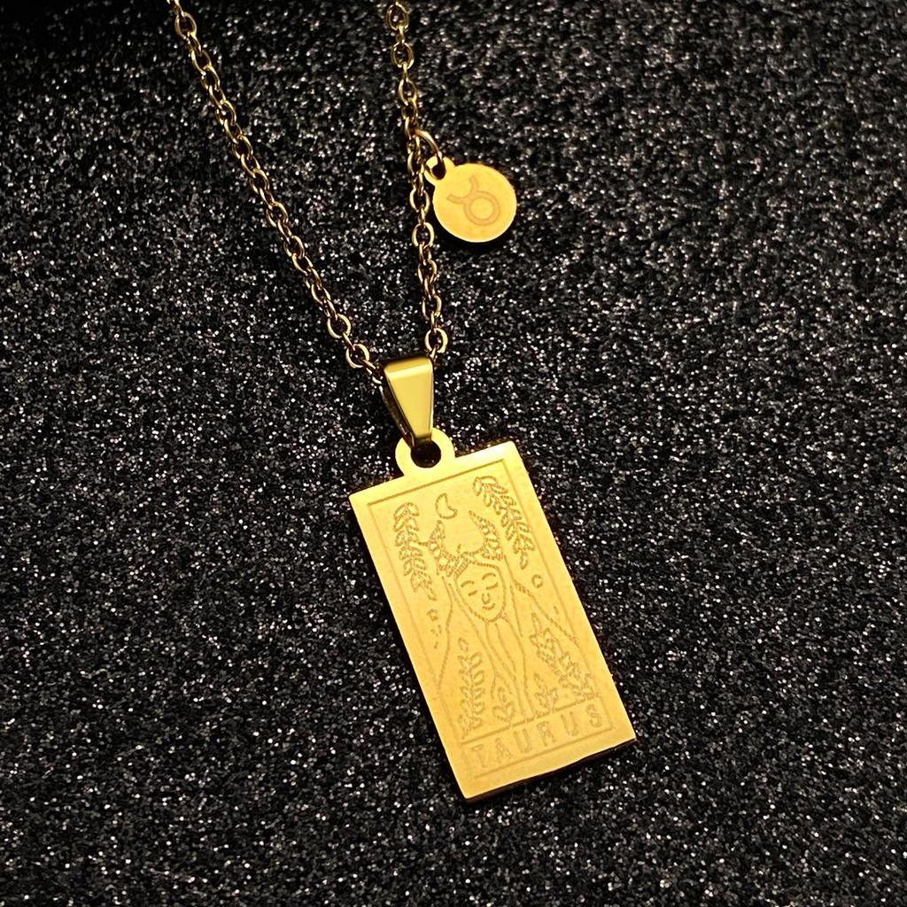 Stainless Steel Zodiac Tarot Card Necklace - Retro Square Pendant Clavicle Chain for Women