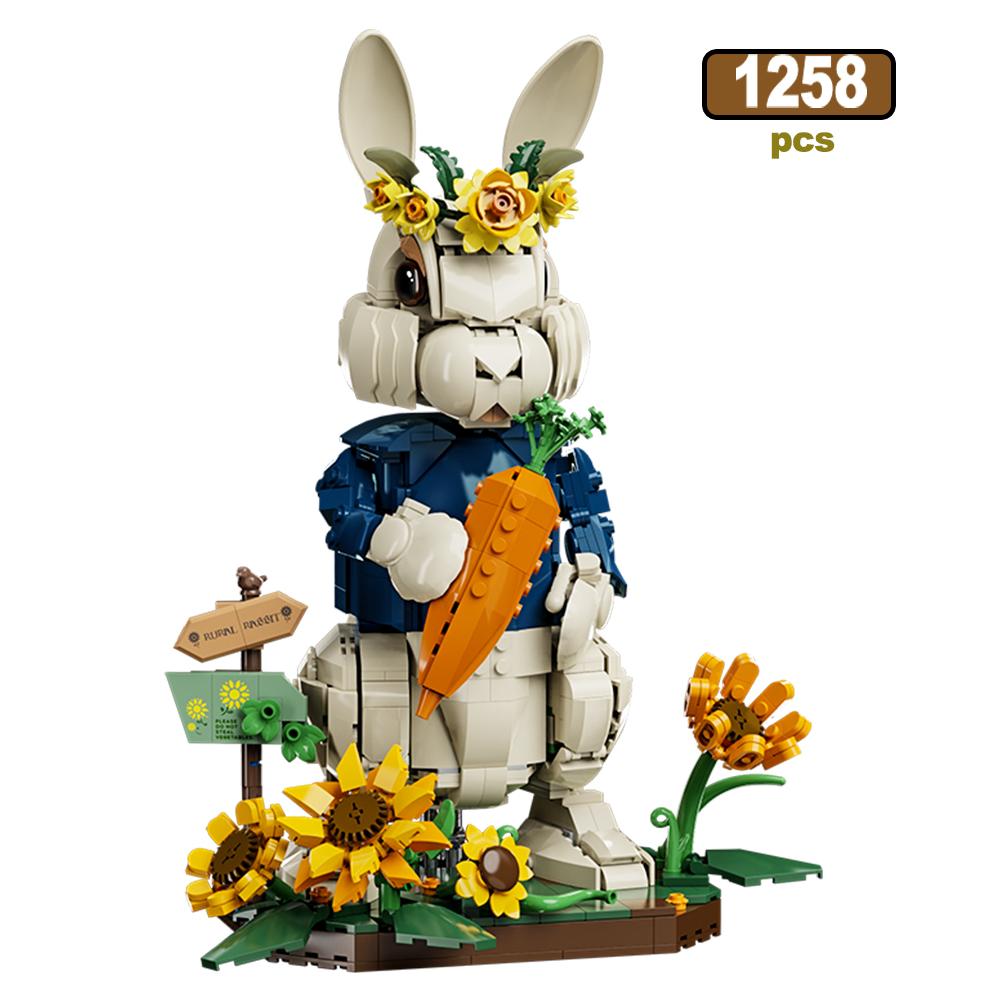 

MOC Кролик Кіт Модель Будівельні Блоки Креативні Сільські Морквини Соняшники Настільний Орінамент Збірка Тварини Цегляні Іграшки Дитячі Подарунки