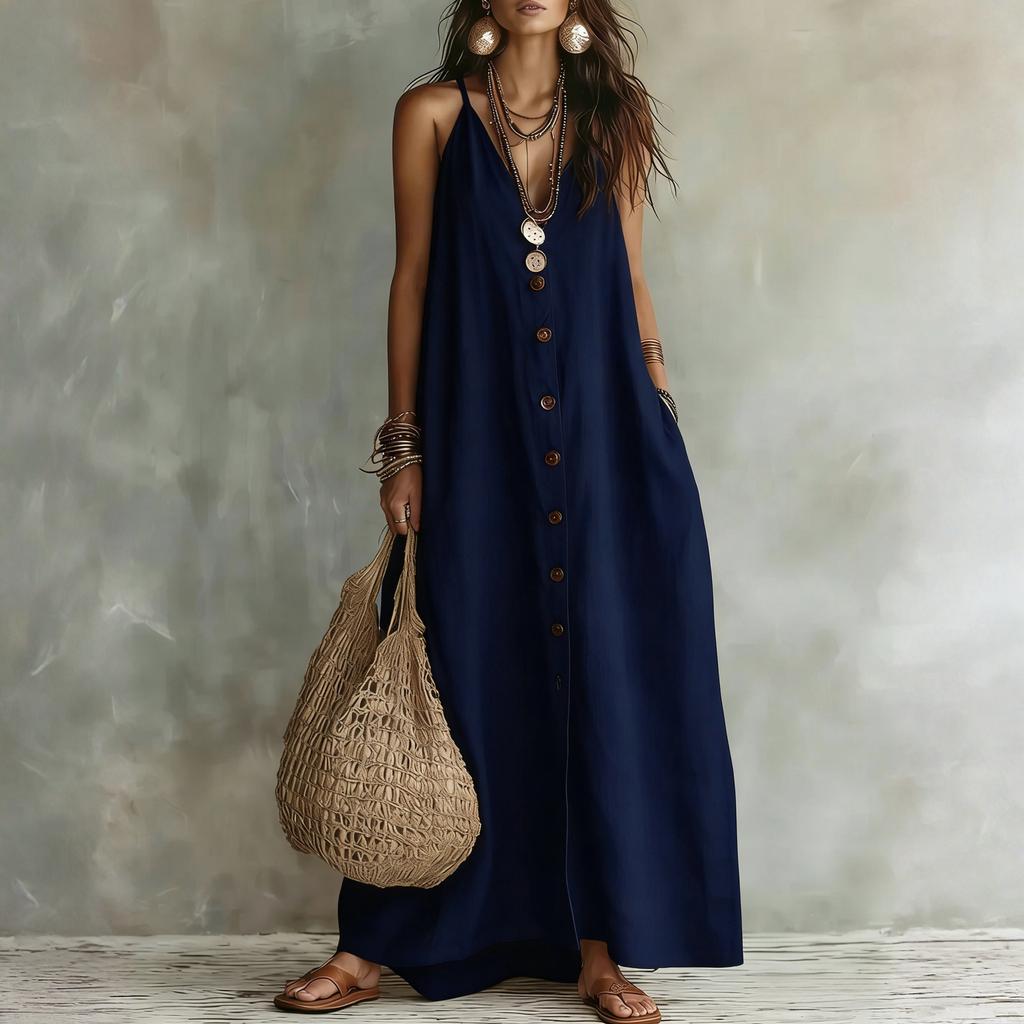 Damen Lässiges Maxikleid mit Knopfleiste Ärmellos V-Ausschnitt Lang Leinen Baumwollmischung Sommerkleid Lockere Passform Strandkleid