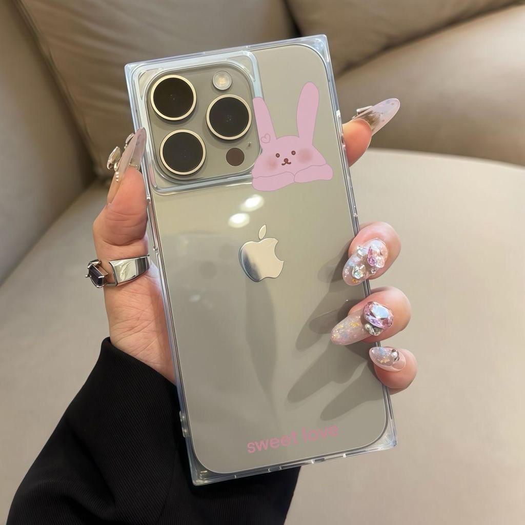 Clear Square Back Tube Case Protection For iPhone 12 13 15 Plus 14 Pro Max 16 ProMax 11 Anti-Oxygen,Big Rabbit Head Pattern Casing