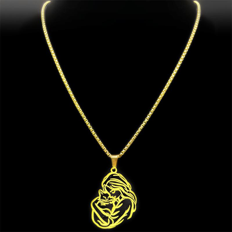 Women Hug Cat Pendant Necklace For Men Stainless Steel Gold Silver Color Hollow Kitty Female Love Pet Peace Chain Jewelry